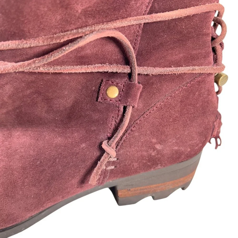 Sorel Womens Burgundy Suede Ankle Boots Wraparound Tassel Laces Low Block Heel - Picture 9 of 16
